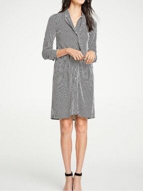NWT retail $129 size MP #AnnTaylor Black and White Striped Shirt Dress